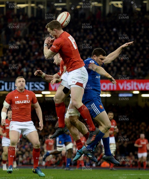 170318 - Wales v France - NatWest 6 Nations -  George North of Wales and Remy Grosso of France compete for a high ball