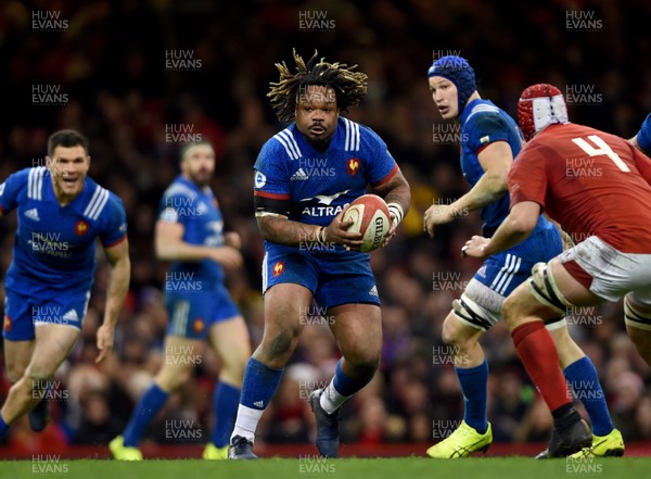 170318 - Wales v France - NatWest 6 Nations -  Mathieu Bastareaud of France takes on Cory Hill of Wales 