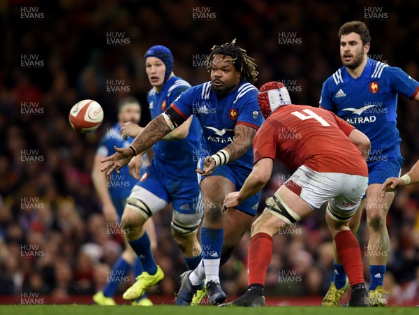 170318 - Wales v France - NatWest 6 Nations -  Mathieu Bastareaud of France takes on Cory Hill of Wales