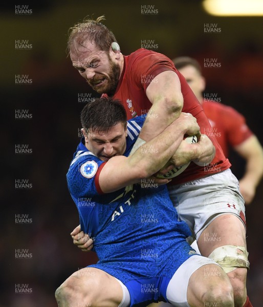 170318 - Wales v France - NatWest 6 Nations 2018 - Camille Chat of France is tackled by Alun Wyn Jones of Wales