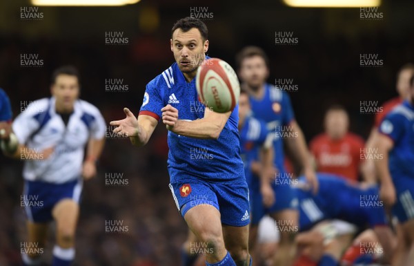170318 - Wales v France - NatWest 6 Nations 2018 - Lionel Beauxis of France gets the ball away