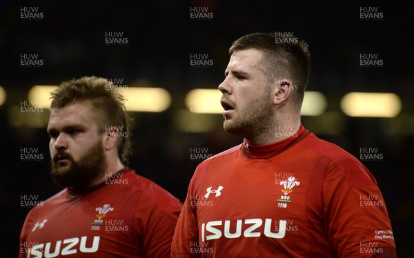 170318 - Wales v France - NatWest 6 Nations 2018 - Tomas Francis and Rob Evans of Wales