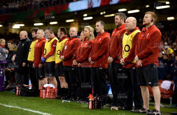 170318 - Wales v France - NatWest 6 Nations 2018 - Wales management during the anthems