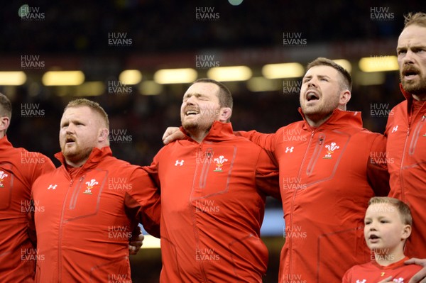 170318 - Wales v France - NatWest 6 Nations 2018 - Samson Lee, Ken Owens and Rob Evans during the anthems