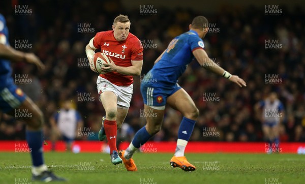 170318 - Wales v France - Natwest 6 Nations Championship - Hadleigh Parkes of Wales is challenged by Gael Fickou of France