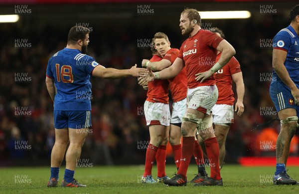 170318 - Wales v France - Natwest 6 Nations Championship - Rabah Slimani of France shakes hands with Alun Wyn Jones of Wales