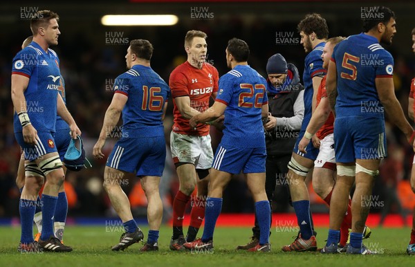 170318 - Wales v France - Natwest 6 Nations Championship - Liam Williams of Wales shakes hands with Lionel Beauxis of France