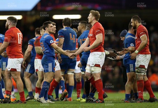 170318 - Wales v France - Natwest 6 Nations Championship - Baptiste Couilloud of France shakes hands with Bradley Davies of Wales