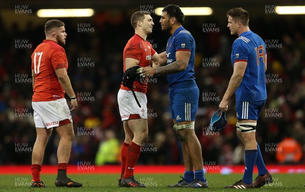 170318 - Wales v France - Natwest 6 Nations Championship - George North of Wales shakes hands with Sebastien Vahaamahina of France