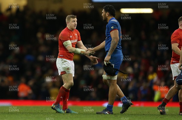 170318 - Wales v France - Natwest 6 Nations Championship - Hadleigh Parkes of Wales shakes hands with Sebastien Vahaamahina of France