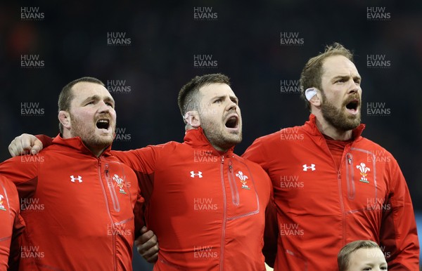 170318 - Wales v France - Natwest 6 Nations Championship - Ken Owens, Rob Evans and Alun Wyn Jones of Wales