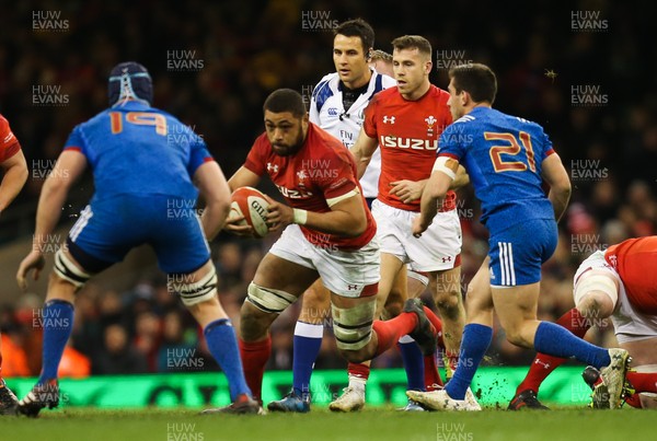 170318 - Wales v France, NatWest 6 Nations 2018 - Taulupe Faletau of Wales takes on Bernard Le Roux of France  and Baptiste Couilloud of France