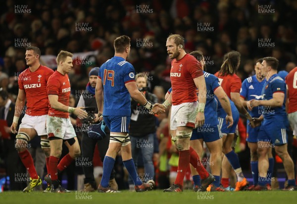 170318 - Wales v France, NatWest 6 Nations 2018 - Alun Wyn Jones of Wales and Bernard Le Roux of France shake hands at the end of the match