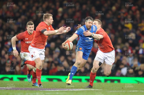 170318 - Wales v France - NatWest 6 Nations Championship - Geoffrey Doumayrou of France is tackled by George North of Wales 