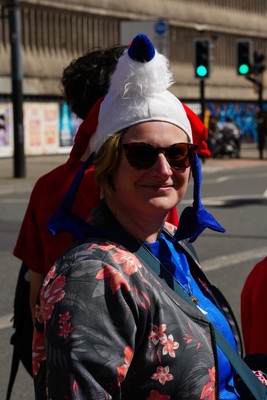 180426 - Wales v France - Guinness Women's Six Nations - Fans of France pose for a photograph outside the stadium prior to the match