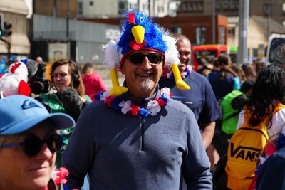 180426 - Wales v France - Guinness Women's Six Nations - Fans of France pose for a photograph outside the stadium prior to the match