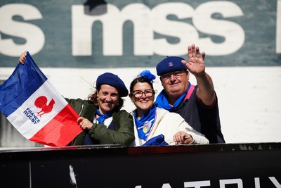180426 - Wales v France - Guinness Women's Six Nations - Fans of France pose for a photograph prior to the match