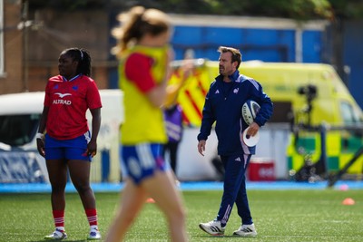 180426 - Wales v France - Guinness Women's Six Nations - Francois Ratier, Head Coach of France looks on during warm up prior to the match