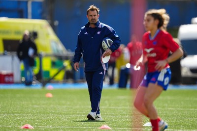 180426 - Wales v France - Guinness Women's Six Nations - Francois Ratier, Head Coach of France looks on during warm up prior to the match