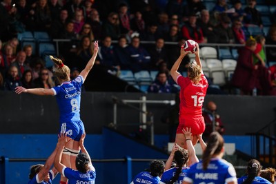 180426 - Wales v France - Guinness Women's Six Nations - Natalia John of Wales wins a line out against Lea Champon of France