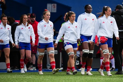 180426 - Wales v France - Guinness Women's Six Nations - Lea Champon of France (3rd from left) walks out of the tunnel prior to the match