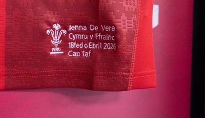 180426 - Wales v France, Guinness Women’s 6 Nations - Jenna De Vera’s match jersey hang in the changing room ahead of her potential debut match 