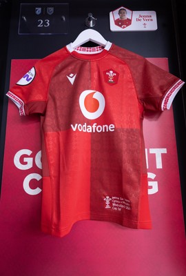 180426 - Wales v France, Guinness Women’s 6 Nations - Jenna De Vera’s match jersey hang in the changing room ahead of her potential debut match 