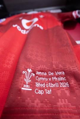 180426 - Wales v France, Guinness Women’s 6 Nations - Jenna De Vera’s match jersey hang in the changing room ahead of her potential debut match 
