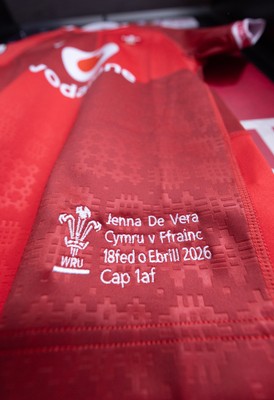 180426 - Wales v France, Guinness Women’s 6 Nations - Jenna De Vera’s match jersey hang in the changing room ahead of her potential debut match 
