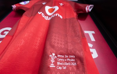 180426 - Wales v France, Guinness Women’s 6 Nations - Jenna De Vera’s match jersey hang in the changing room ahead of her potential debut match 