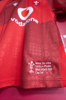 180426 - Wales v France, Guinness Women’s 6 Nations - Jenna De Vera’s match jersey hang in the changing room ahead of her potential debut match 