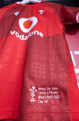 180426 - Wales v France, Guinness Women’s 6 Nations - Jenna De Vera’s match jersey hang in the changing room ahead of her potential debut match 