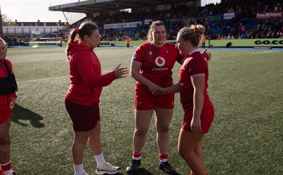 180426 - Wales v France, Guinness Women’s 6 Nations - Carys Phillips, Gwenllian Pyrs  and Molly Reardon of Wales at the end of the match