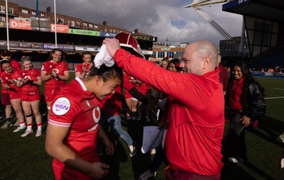 180426 - Wales v France, Guinness Women’s 6 Nations - Sean Lynn, Wales Women head coach presents Jenna De Vera of Wales with her first match cap