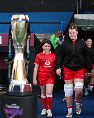 180426 - Wales v France, Guinness Women’s 6 Nations - Wales captain Kate Williams walks out and lines up for the anthem with the match mascot