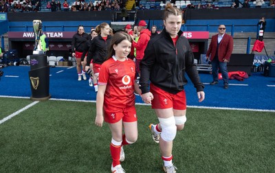 180426 - Wales v France, Guinness Women’s 6 Nations - Wales captain Kate Williams walks out and lines up for the anthem with the match mascot