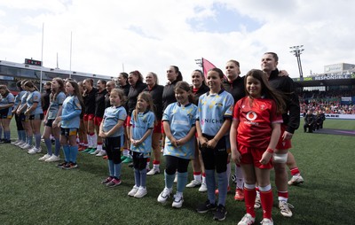 180426 - Wales v France, Guinness Women’s 6 Nations - Wales captain Kate Williams walks out and lines up for the anthem with the match mascot