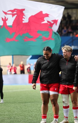 180426 - Wales v France, Guinness Women’s 6 Nations - Sisilia Tuipulotu and Donna Rose of Wales line up for the anthem