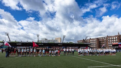 180426 - Wales v France, Guinness Women’s 6 Nations - The teams team line up for the anthems