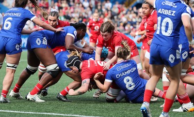 180426 - Wales v France, Guinness Women’s 6 Nations - Bethan Lewis of Wales is tackled short of the line