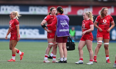 180426 - Wales v France, Guinness Women’s 6 Nations - Gwen Crabb of Wales is checked by medical team after taking a hit