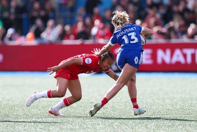 180426 - Wales v France, Guinness Women’s 6 Nations - Aubane Rousset of France is tackled by Jenna De Vera of Wales