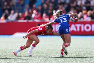 180426 - Wales v France, Guinness Women’s 6 Nations - Aubane Rousset of France is tackled by Jenna De Vera of Wales