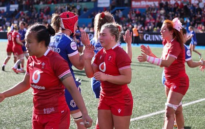 180426 - Wales v France, Guinness Women’s 6 Nations - Jenna De Vera, Molly Reardon and Georgia Evans of Wales at the end of the match