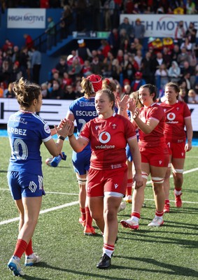 180426 - Wales v France, Guinness Women’s 6 Nations - Lleucu George of Wales with Carla Arbez of France 