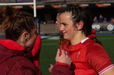 180426 - Wales v France, Guinness Women’s 6 Nations - Branwen Metcalfe of Wales with Kate Williams of Wales at the end of the match
