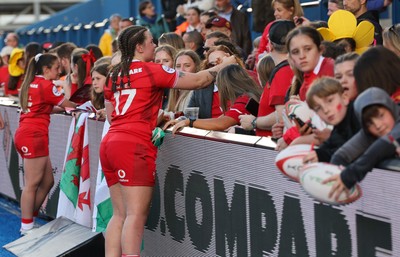 180426 - Wales v France, Guinness Women’s 6 Nations - Maisie Davies of Wales with supporters at the end of the match 