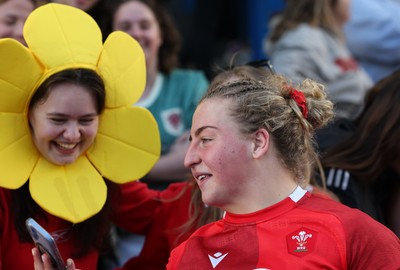 180426 - Wales v France, Guinness Women’s 6 Nations - Molly Reardon of Wales with supporters at the end of the match 