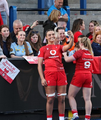 180426 - Wales v France, Guinness Women’s 6 Nations - Bryonie King of Wales and Seren Lockwood of Wales with supporters at the end of the match 