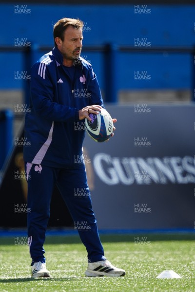 180426 - Wales v France - Guinness Women's Six Nations - Francois Ratier, Head Coach of France looks on during warm up prior to the match